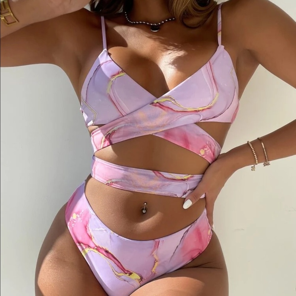 Purple Marble Print Criss Cross Bikini Swimsuit